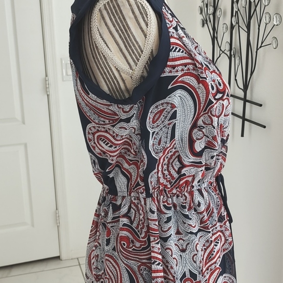 Enfocus Studio Chiffon Navy Blue Red White Paisley Print V-Neck Dress Sz 4 / S - Picture 5 of 15